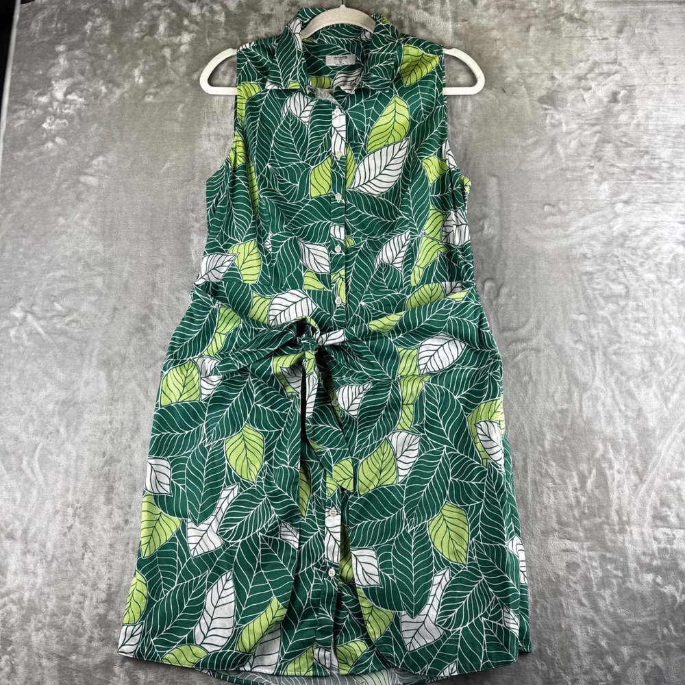 UNTUCKit Poppy Shirt Dress Women 12 Green Leaf Print Sleeveless Tie Waist (1450)